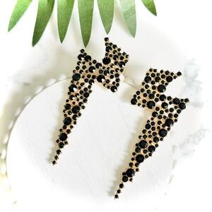 2/$30🌵 Gold Black Stone Lightning Earrings Rhinestone Large Statement NEW Gift